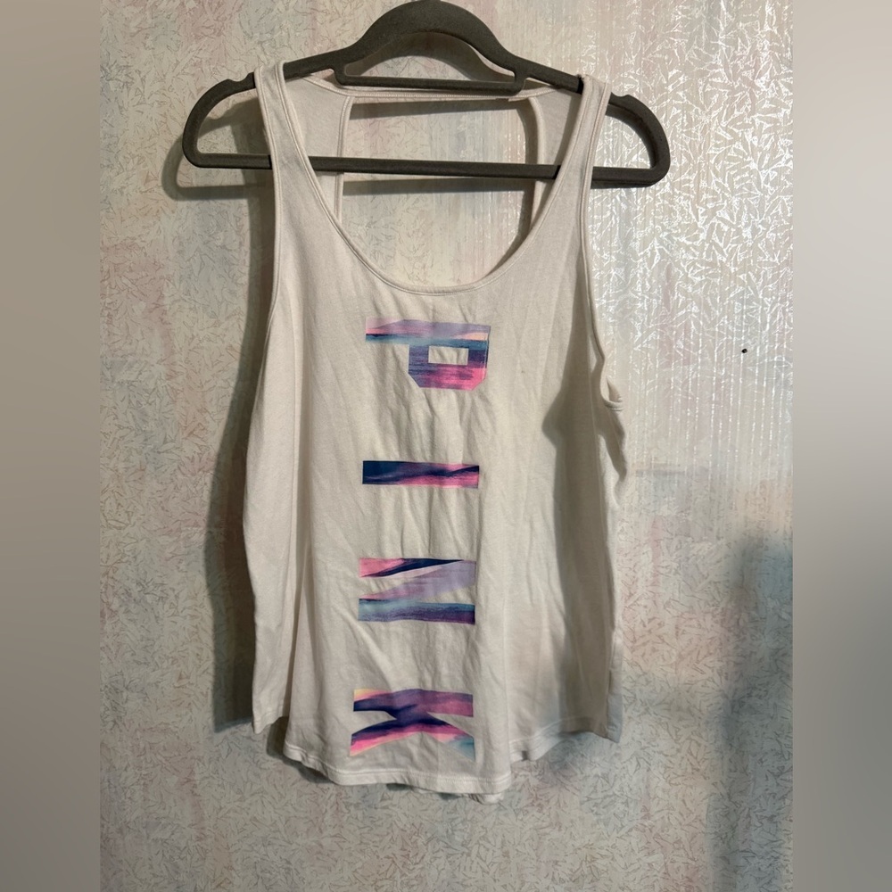 PINK Victoria's Secret White Tank Top with Pink and Purple Hit, Opening In Back‎